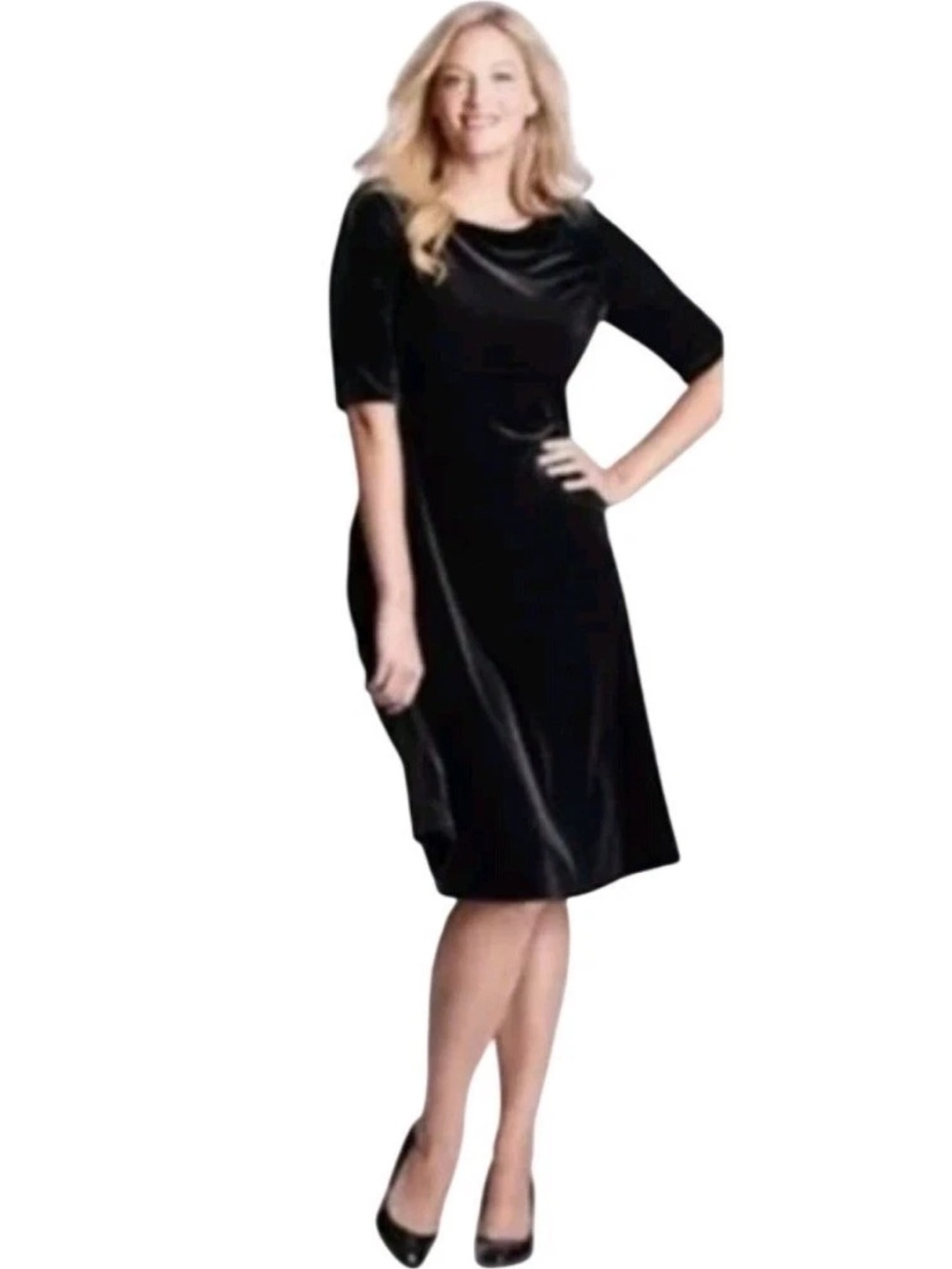Like New Lands End Black Velvet 3/4 Sleeve Dress